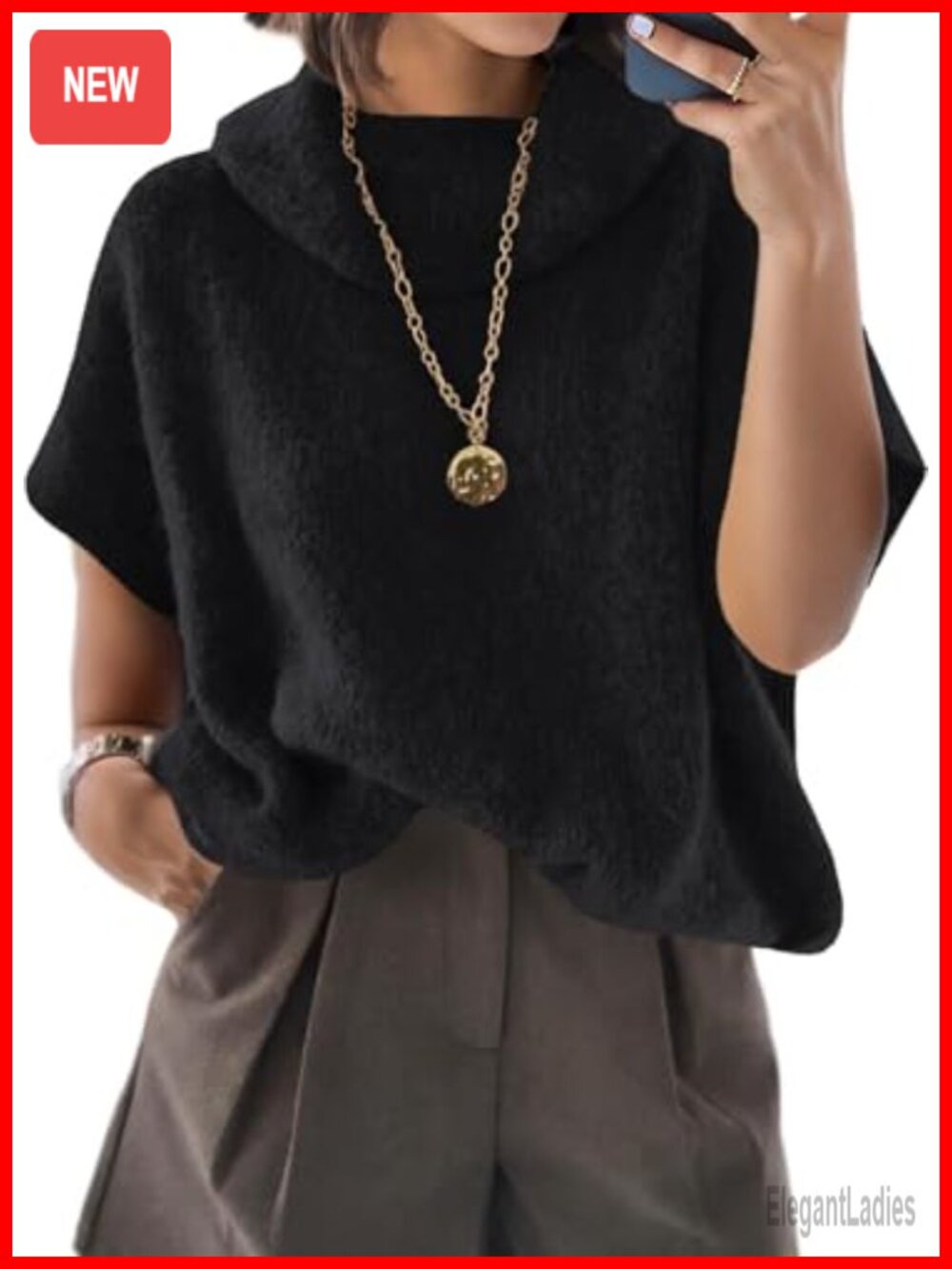 Oversized Turtleneck Sweater Short Batwing Sleeve Pullover Slouchy Knit Top